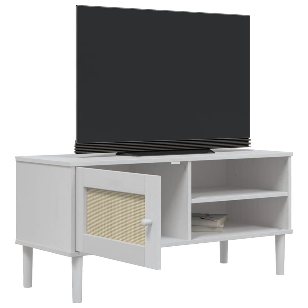 Meuble TV SENJA aspect rotin blanc 106x40x49 cm pinède