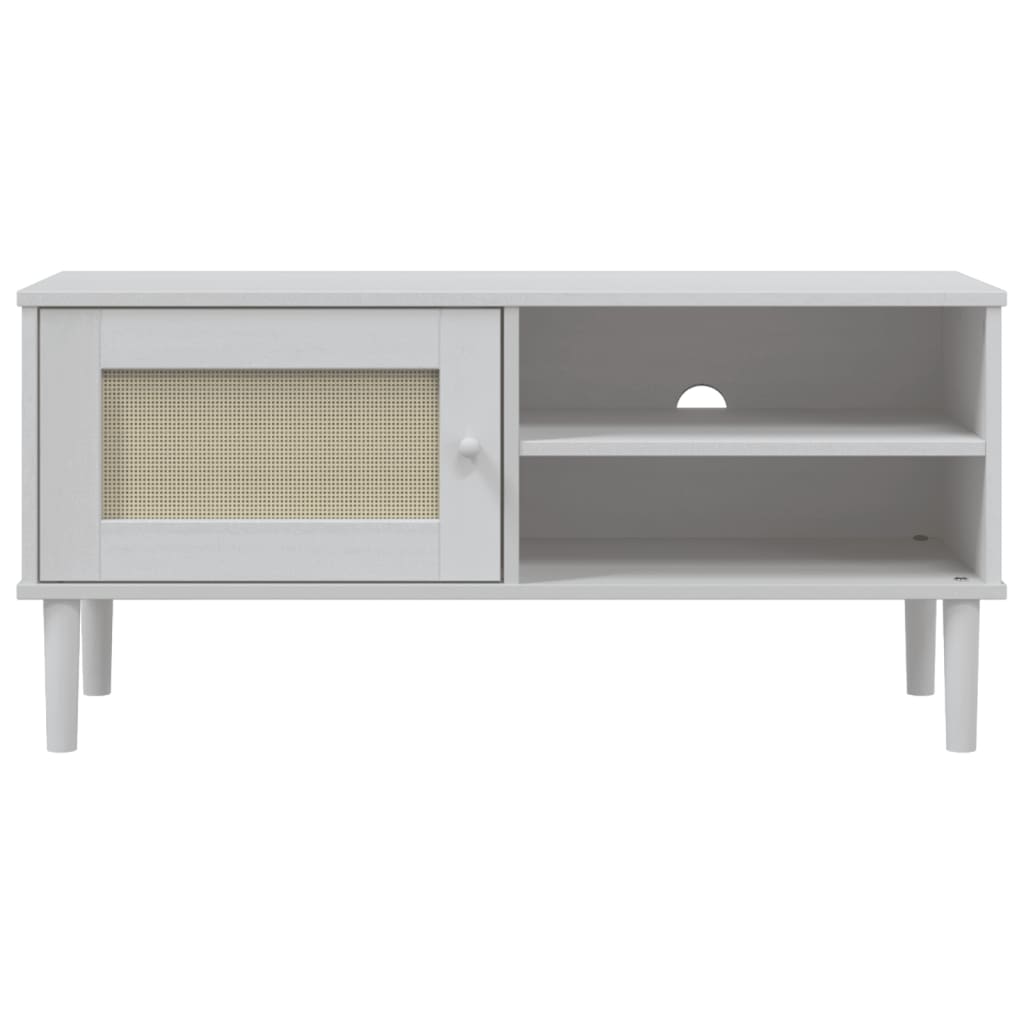 Meuble TV SENJA aspect rotin blanc 106x40x49 cm pinède