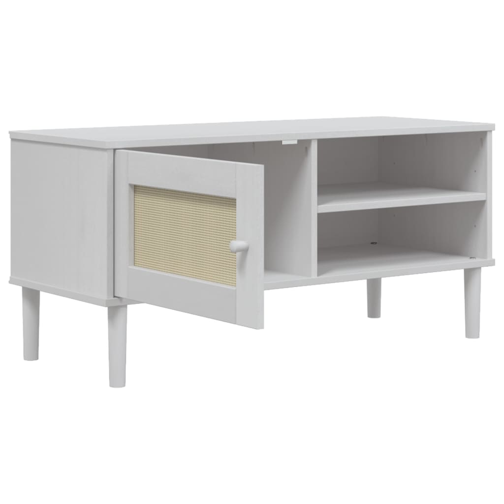 Meuble TV SENJA aspect rotin blanc 106x40x49 cm pinède