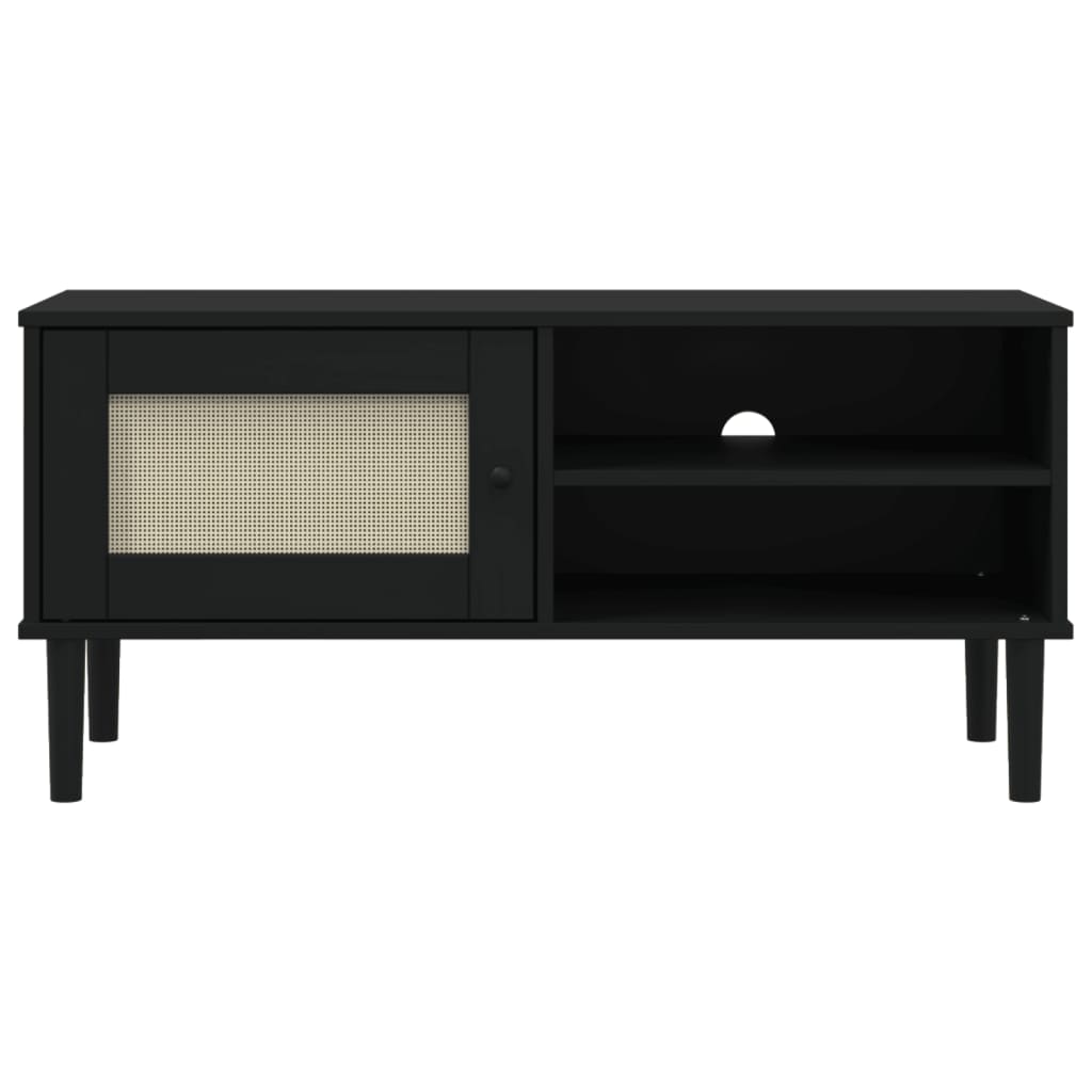 Meuble TV SENJA aspect rotin noir 106x40x49 cm pinède