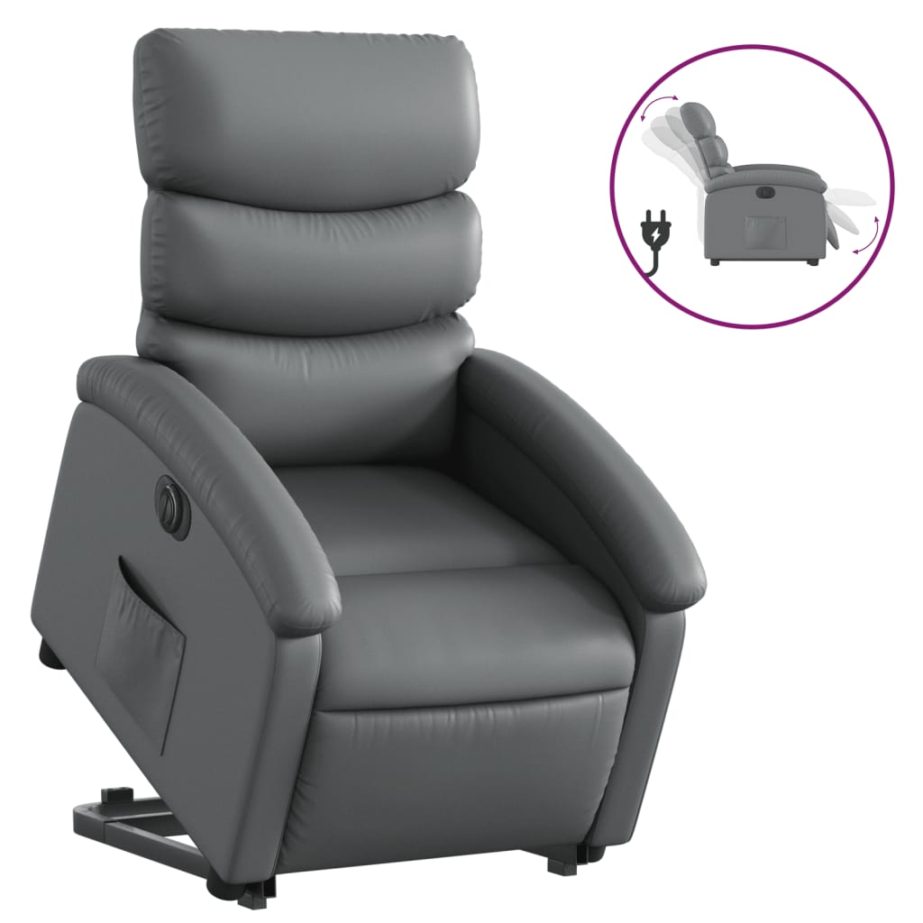 Recliner chair with electric stand-up aid, grey, artificial leather