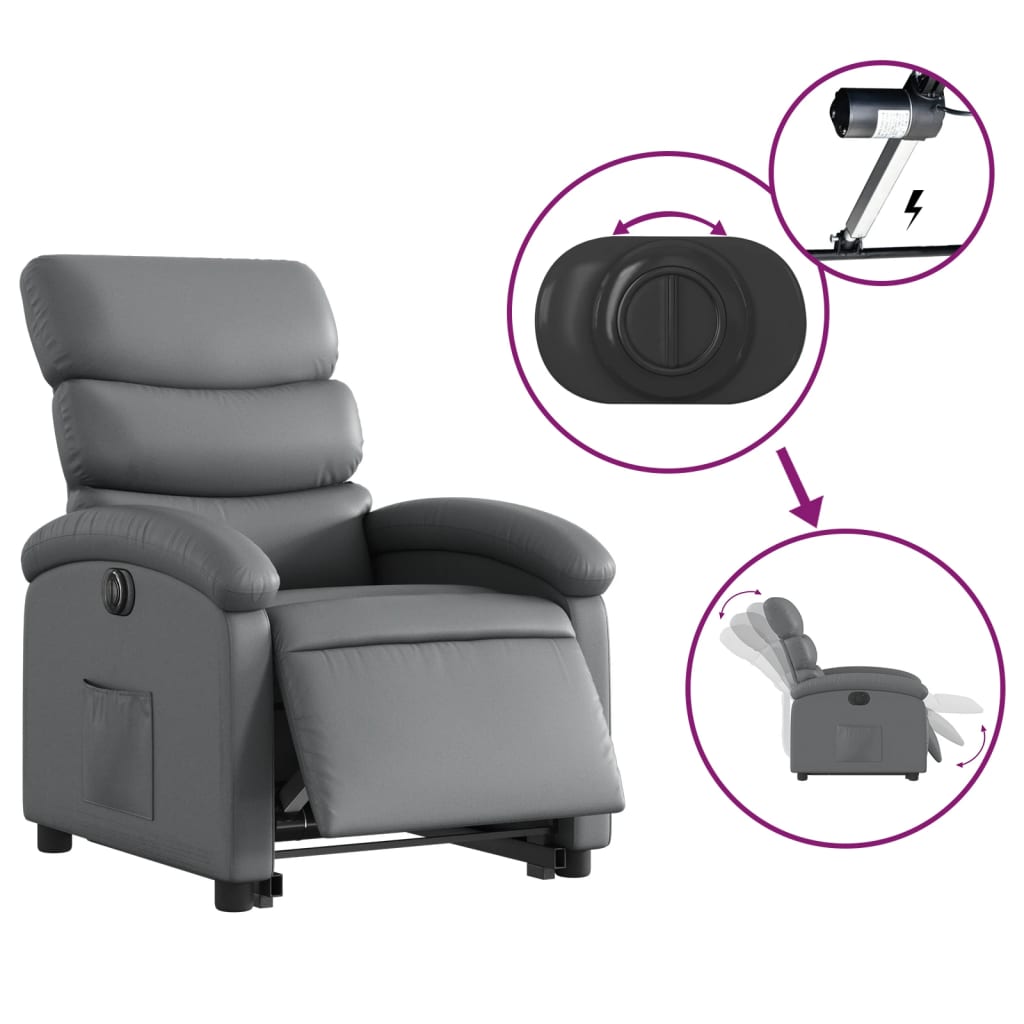 Recliner chair with electric stand-up aid, grey, artificial leather