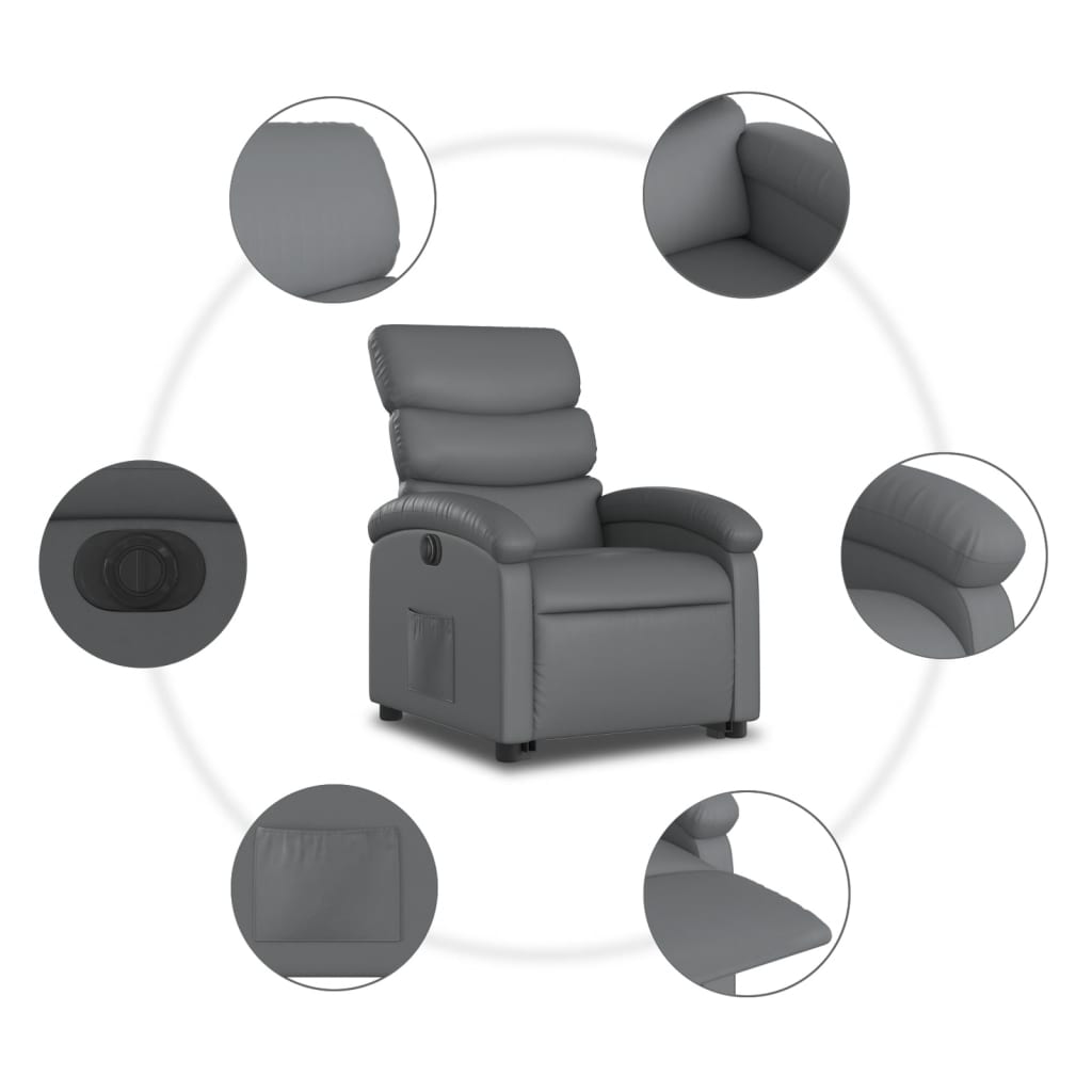 Recliner chair with electric stand-up aid, grey, artificial leather