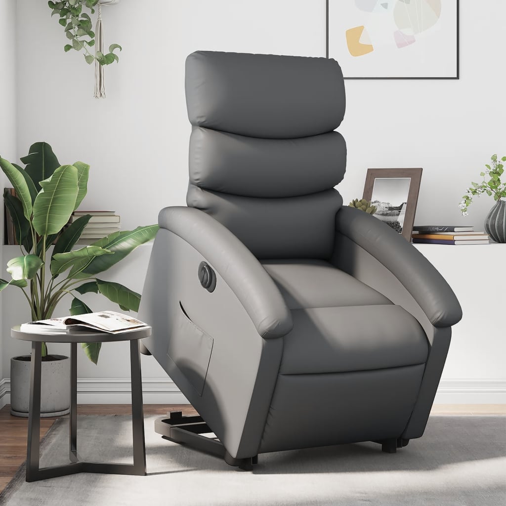 Recliner chair with electric stand-up aid, grey, artificial leather