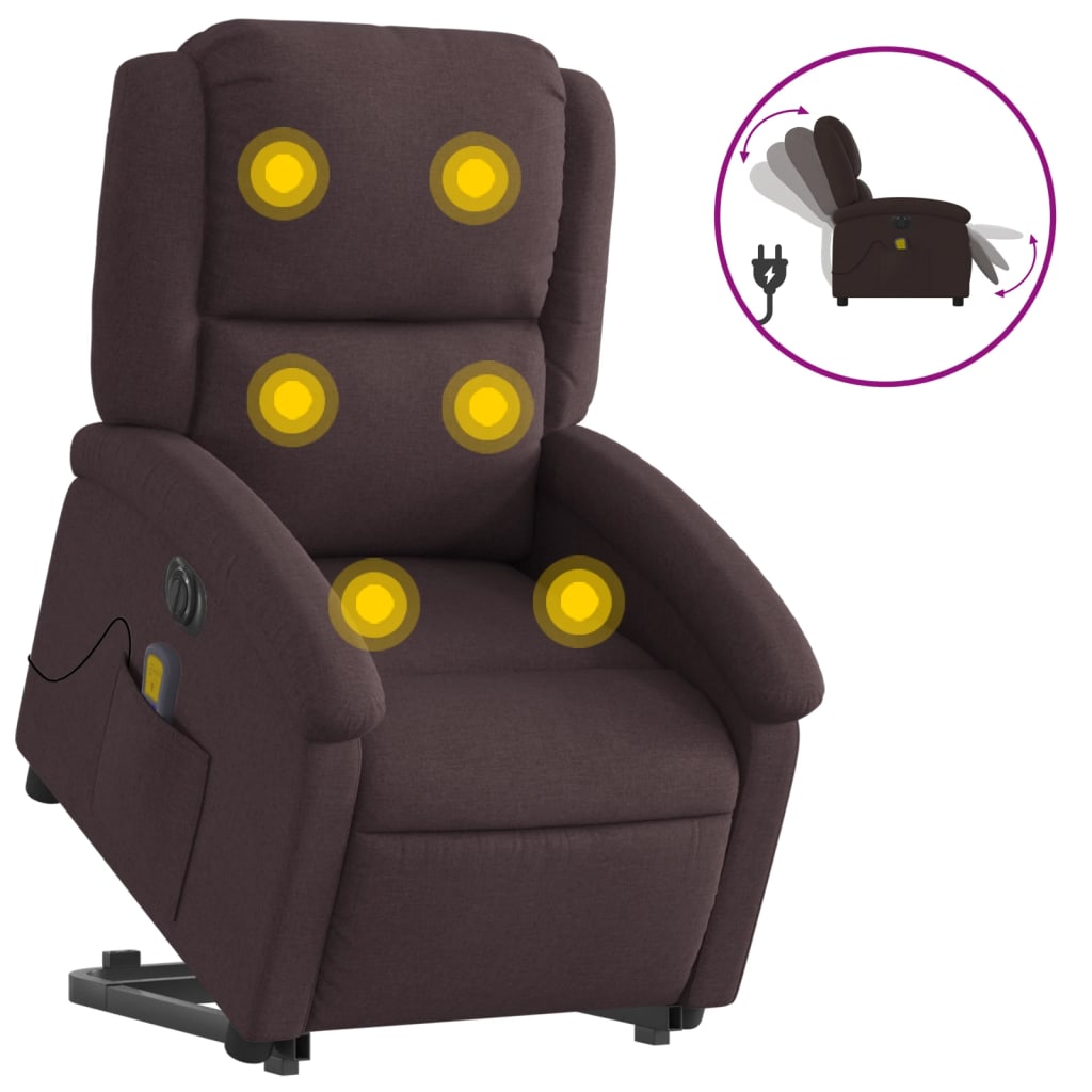 Fauteuil de massage électrique avec aide à la verticalisation, tissu marron foncé