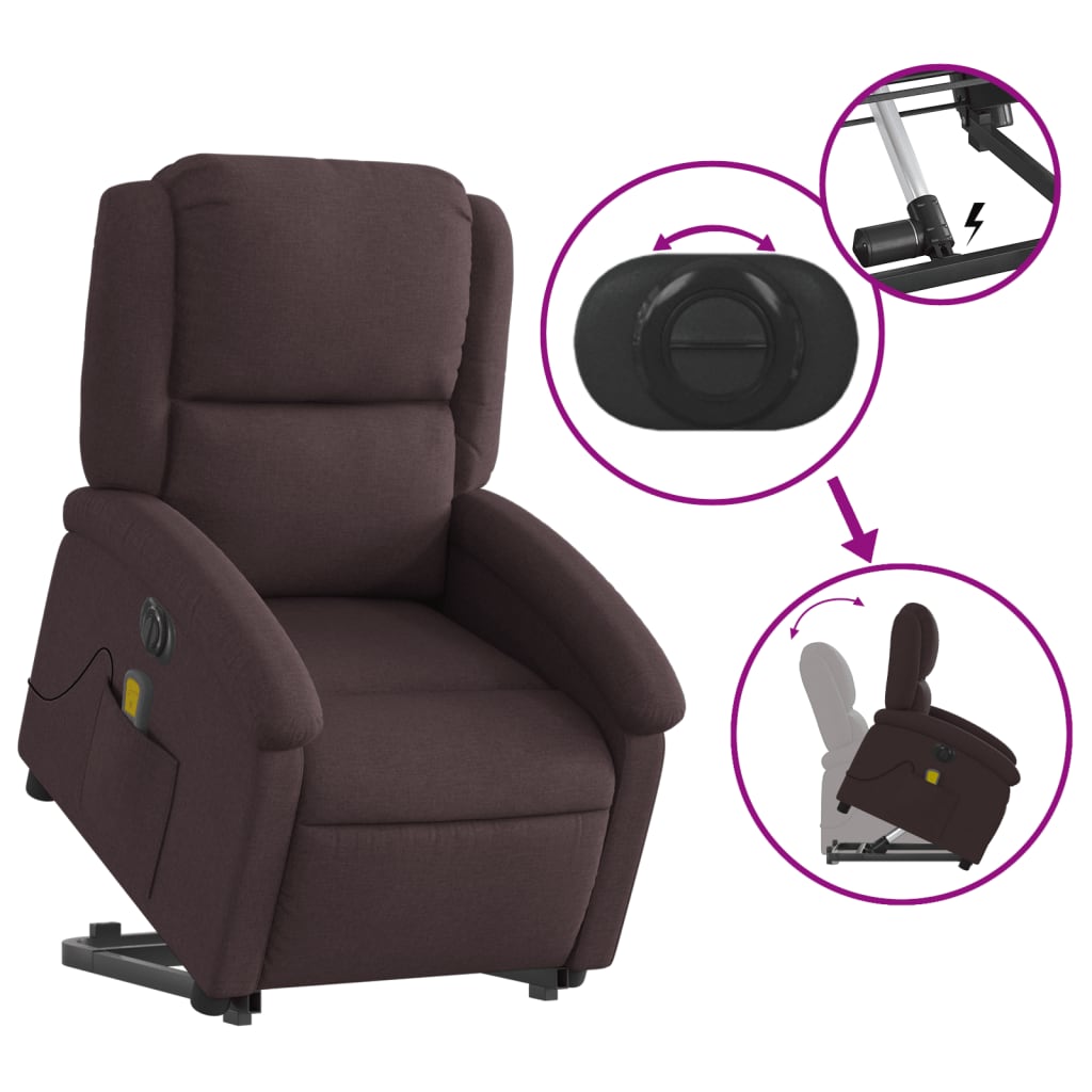 Fauteuil de massage électrique avec aide à la verticalisation, tissu marron foncé