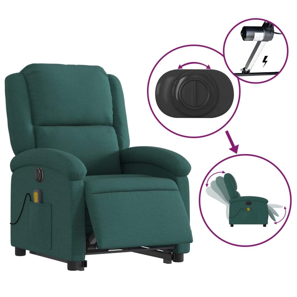 Fauteuil de massage électrique avec aide à la verticalisation en tissu vert foncé
