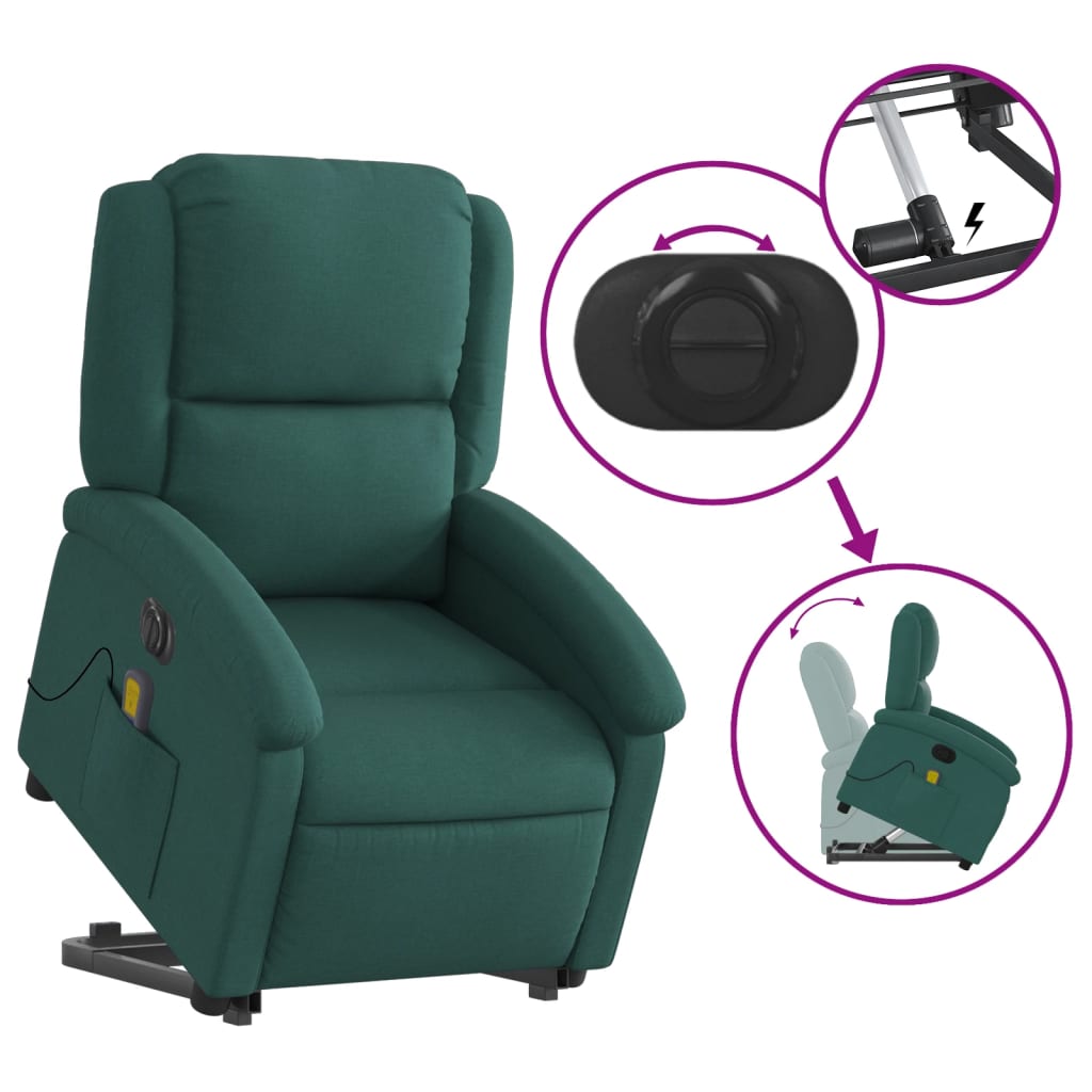 Fauteuil de massage électrique avec aide à la verticalisation en tissu vert foncé