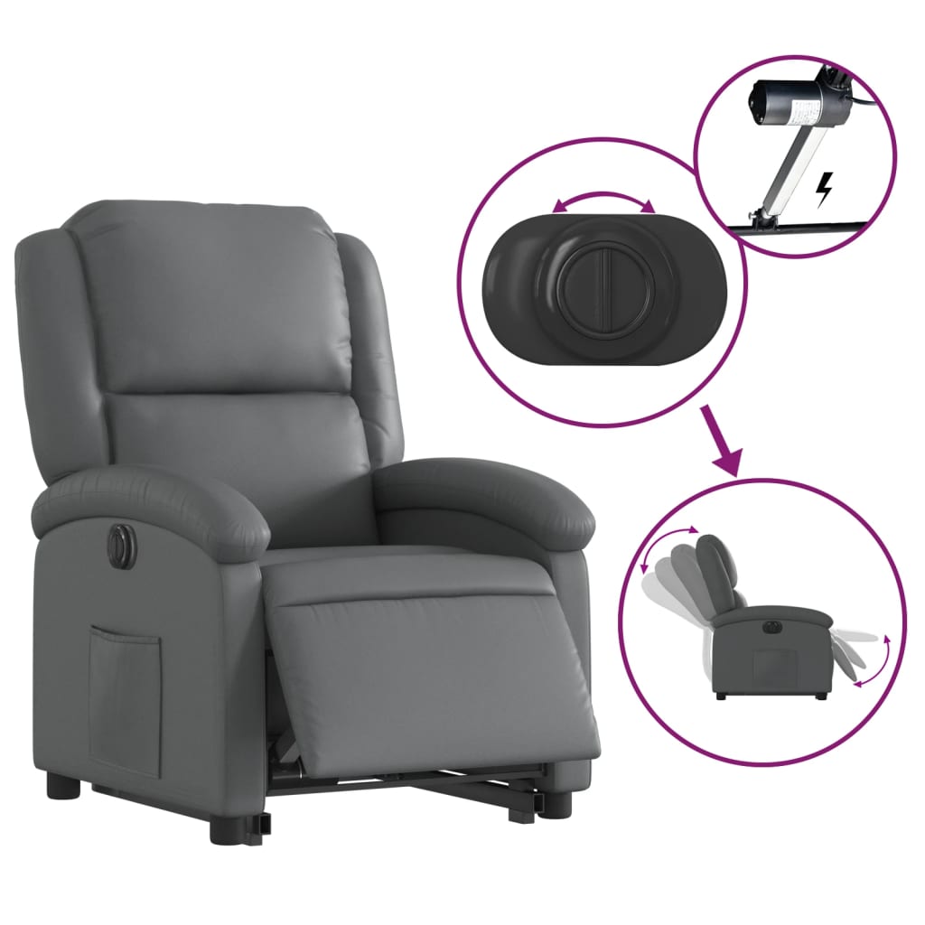 Fauteuil inclinable avec aide électrique au verticalisation, gris, simili cuir