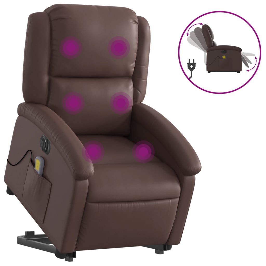 Fauteuil de massage avec aide électrique au verticalisation, simili cuir marron