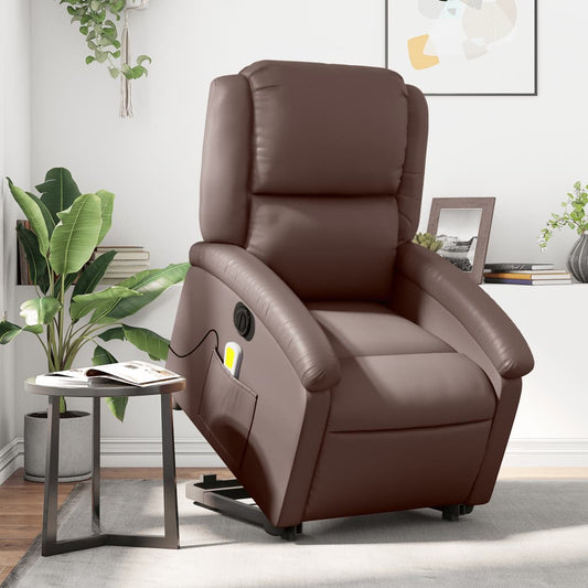 Fauteuil de massage avec aide électrique au verticalisation, simili cuir marron