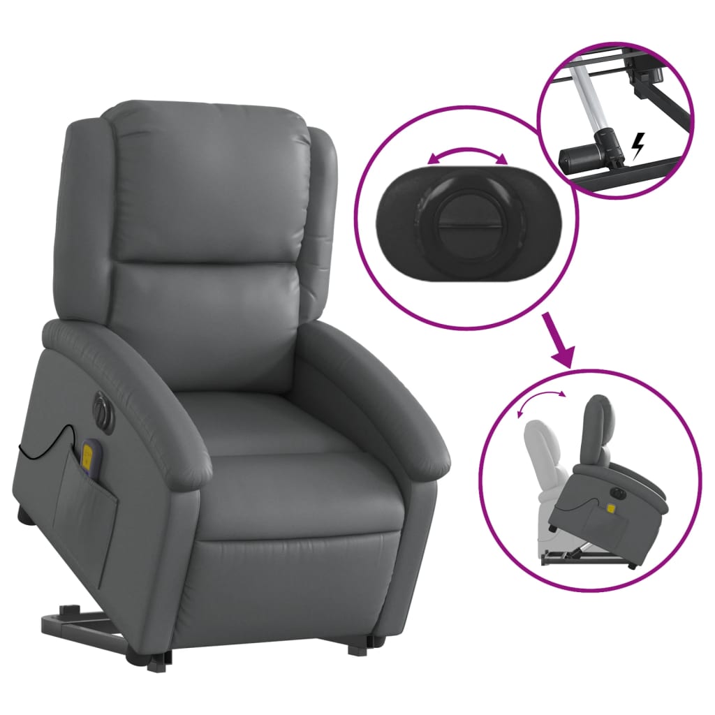 Fauteuil de massage avec aide électrique au verticalisation, gris, cuir synthétique