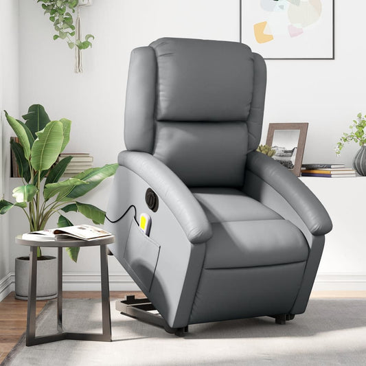 Fauteuil de massage avec aide électrique au verticalisation, gris, cuir synthétique
