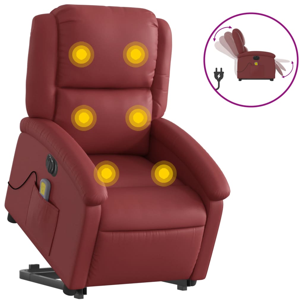 Fauteuil de massage avec aide électrique au verticalisation, rouge vin, cuir artificiel