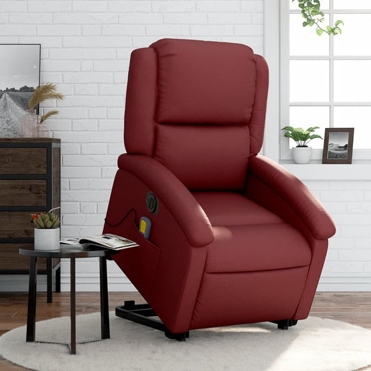 Fauteuil de massage avec aide électrique au verticalisation, rouge vin, cuir artificiel