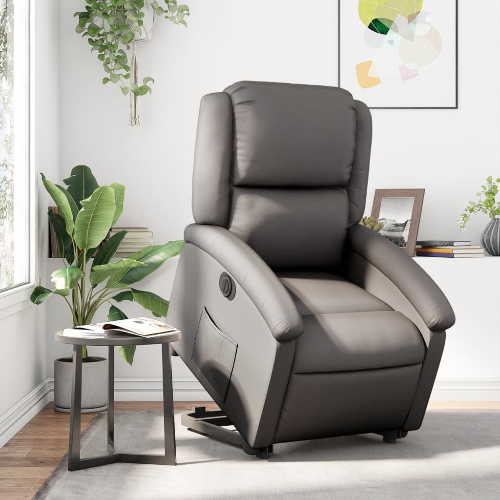 Relaxsessel mit Aufstehhilfe Elektrisch Grau Echtleder
