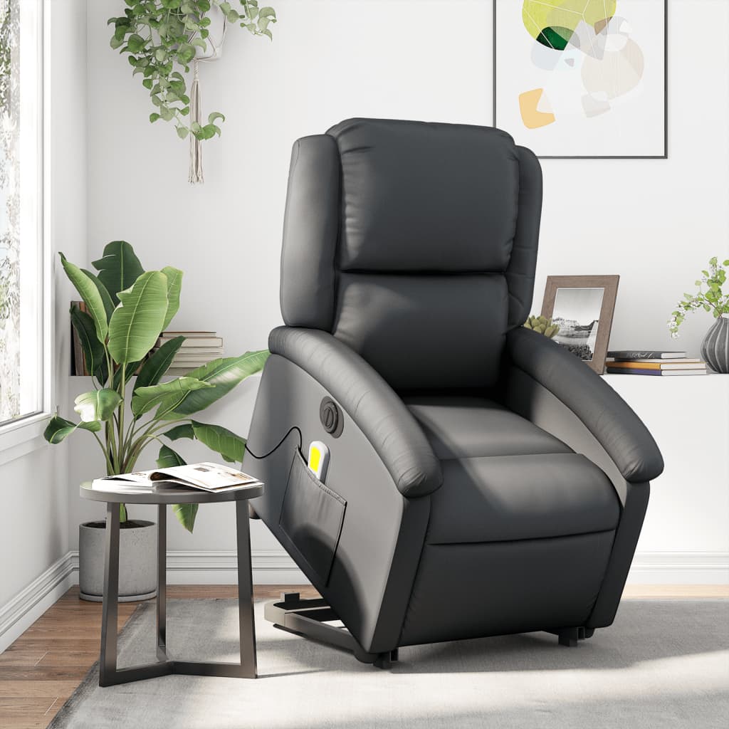 Massagesessel mit Aufstehhilfe Elektrisch Schwarz Echtleder