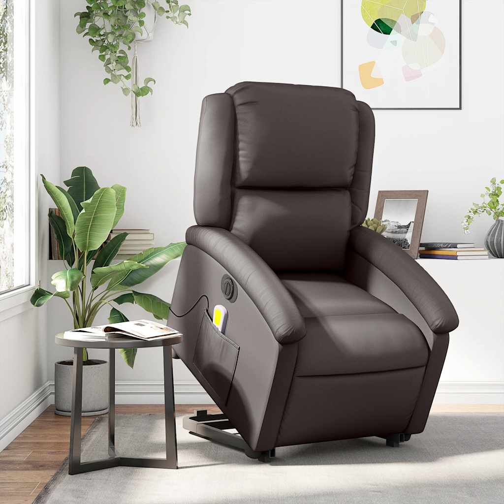 Massagesessel mit Aufstehhilfe Elektrisch Dunkelbraun Echtleder