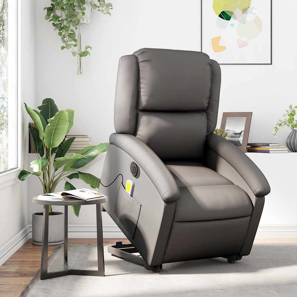 Massagesessel mit Aufstehhilfe Elektrisch Grau Echtleder
