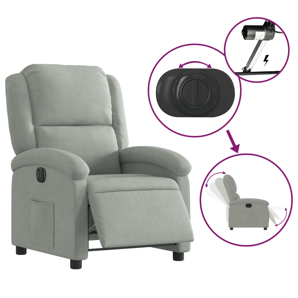 Fauteuil inclinable électrique en velours gris clair