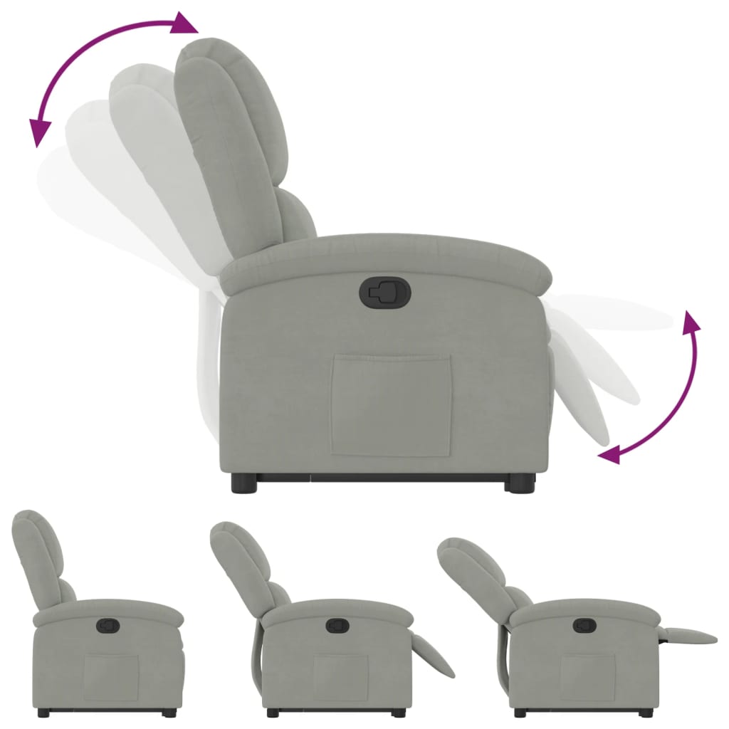 Fauteuil relax avec aide à la verticalisation en velours gris clair