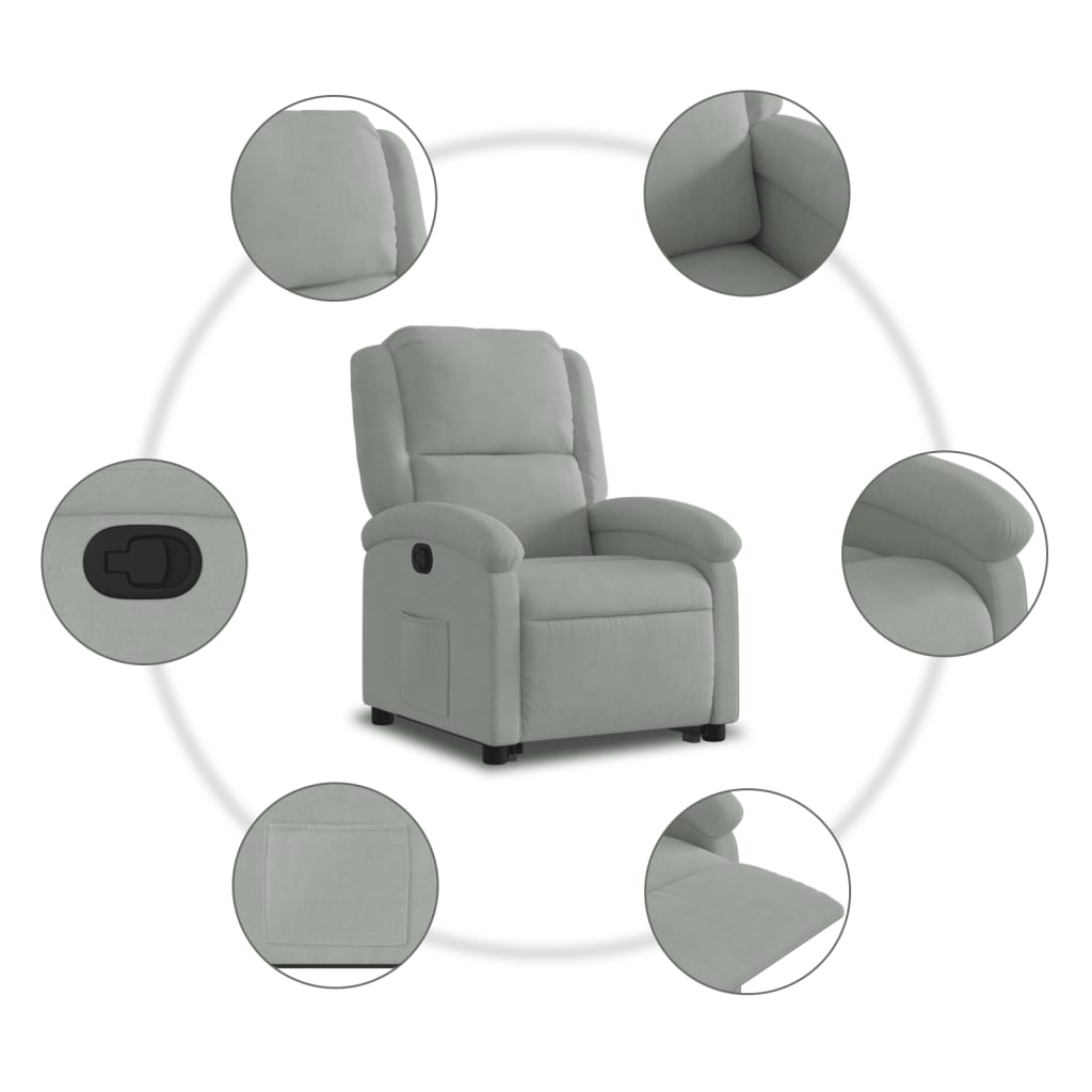 Fauteuil relax avec aide à la verticalisation en velours gris clair