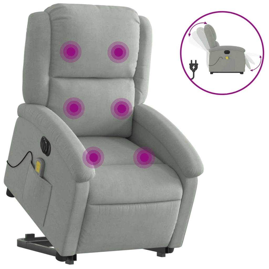Fauteuil de massage avec aide électrique au verticalisation, velours gris clair