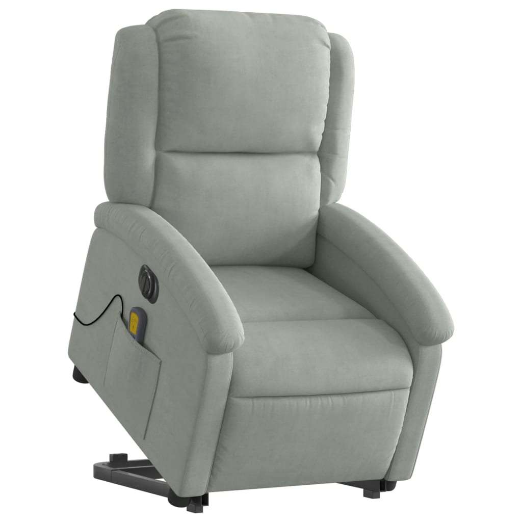 Fauteuil de massage avec aide électrique au verticalisation, velours gris clair
