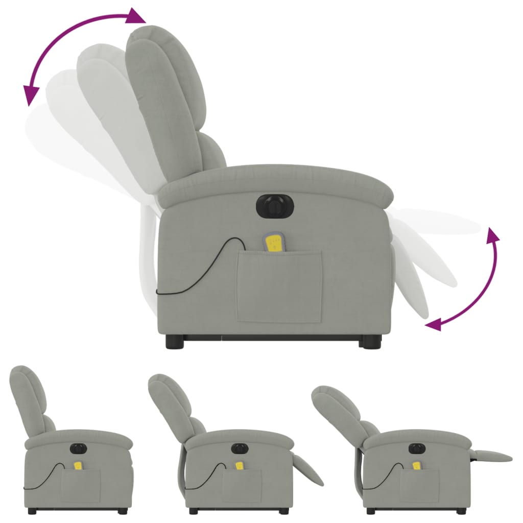 Fauteuil de massage avec aide électrique au verticalisation, velours gris clair