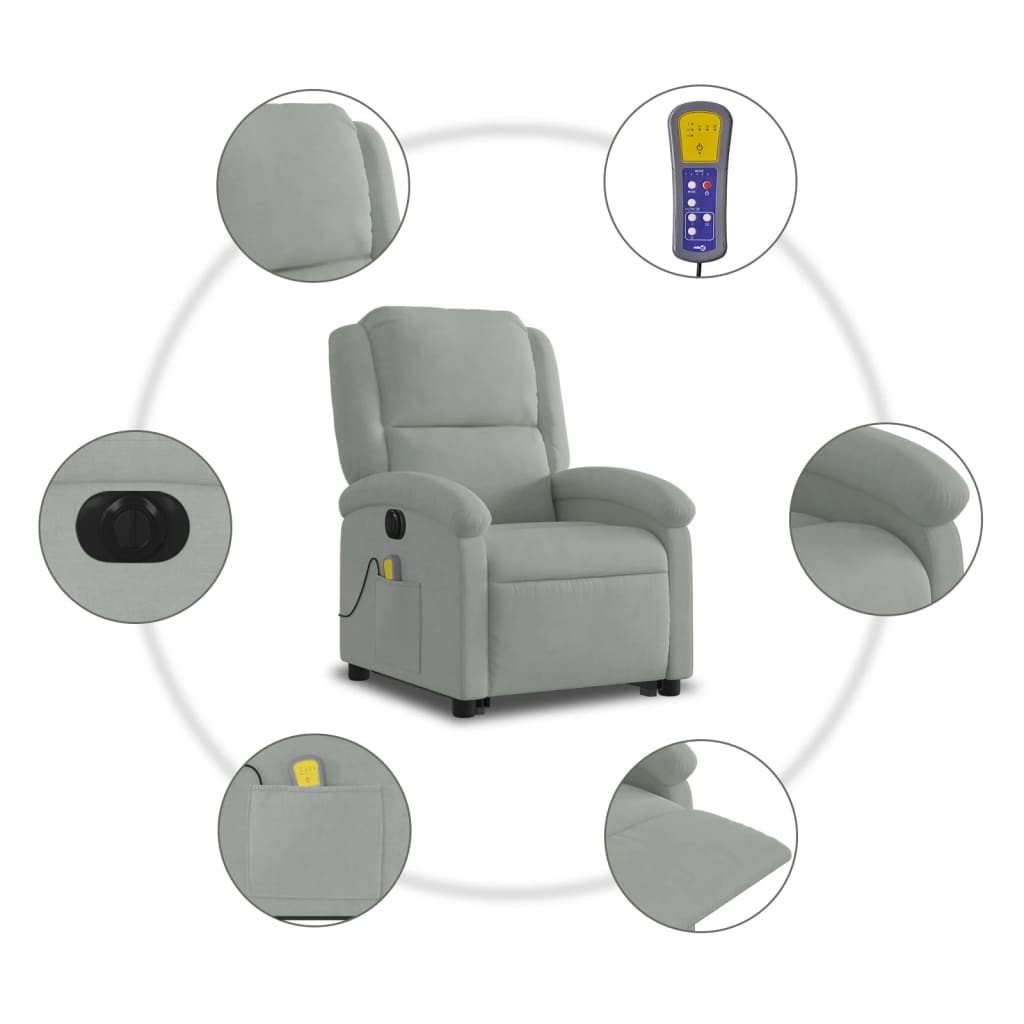 Fauteuil de massage avec aide électrique au verticalisation, velours gris clair
