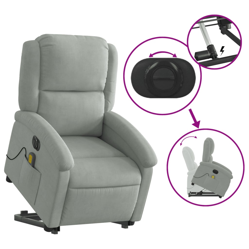 Fauteuil de massage avec aide électrique au verticalisation, velours gris clair
