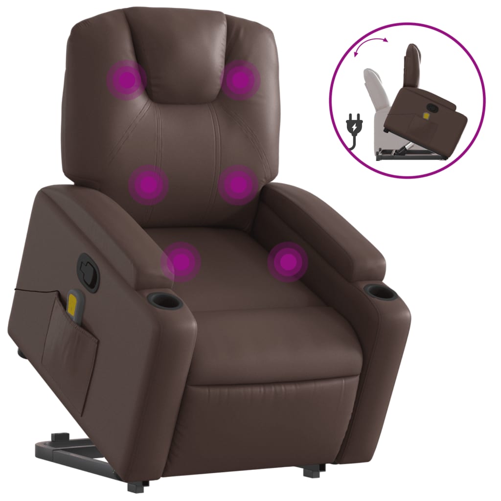 Fauteuil de massage avec aide à la verticalisation en similicuir marron