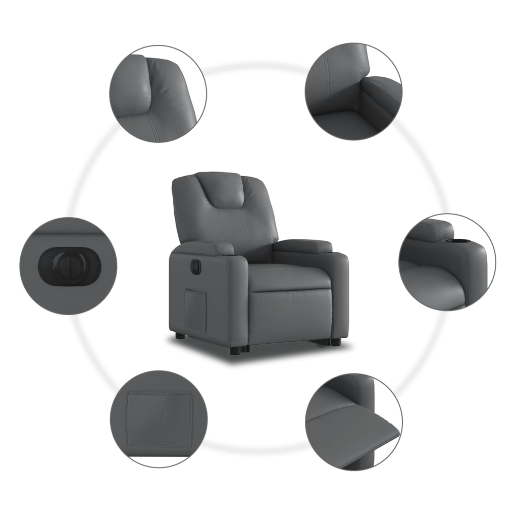 Fauteuil inclinable avec aide électrique au verticalisation, gris, simili cuir