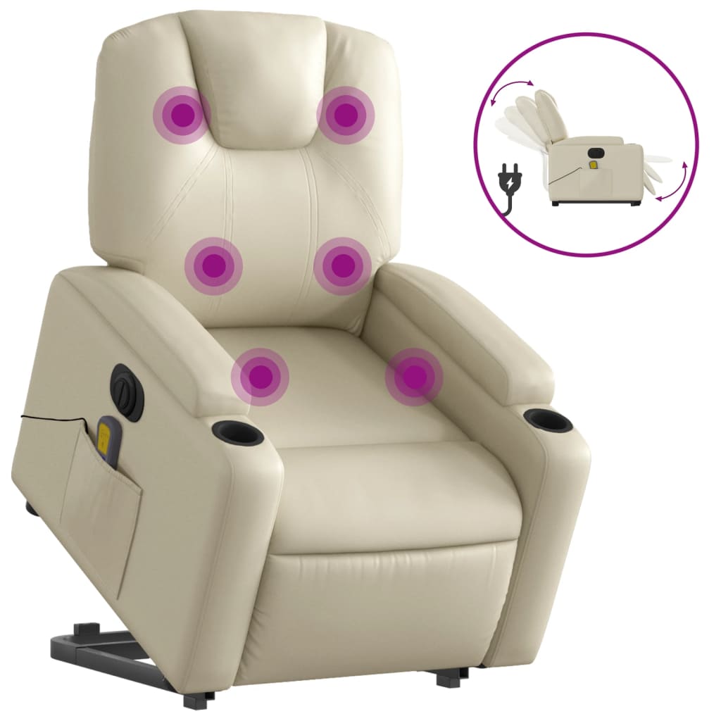 Fauteuil de massage avec aide électrique au verticalisation, couleur crème, cuir artificiel