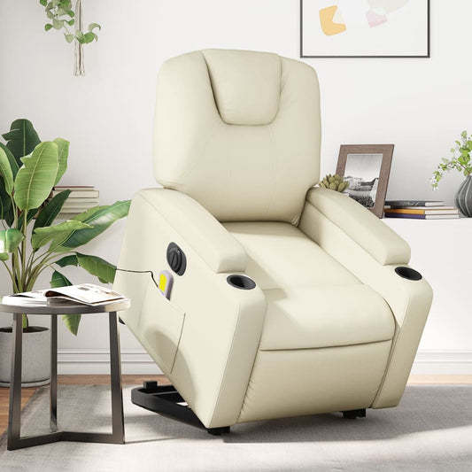 Fauteuil de massage avec aide électrique au verticalisation, couleur crème, cuir artificiel
