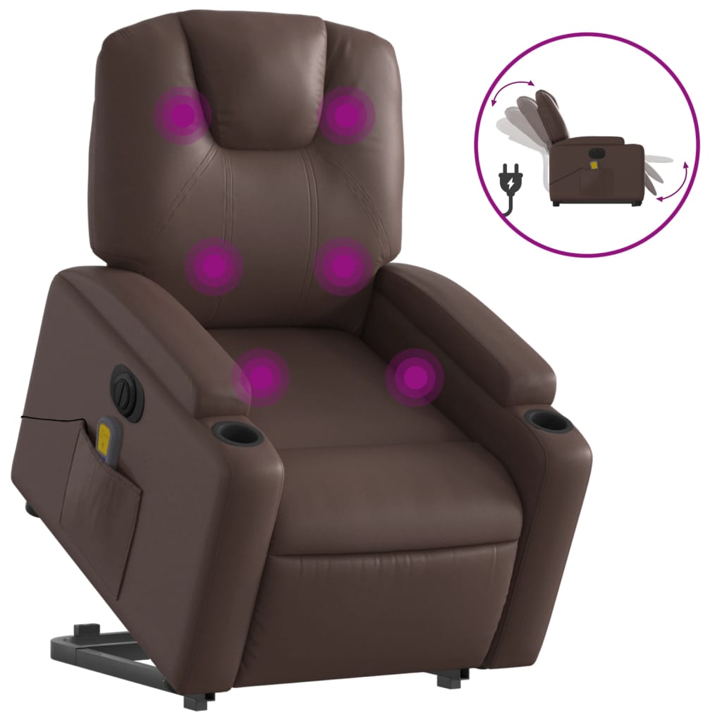 Fauteuil de massage avec aide électrique au verticalisation, simili cuir marron