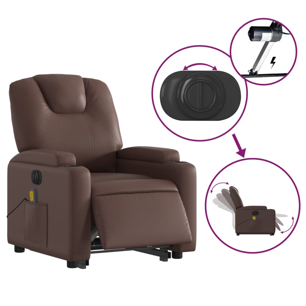 Fauteuil de massage avec aide électrique au verticalisation, simili cuir marron