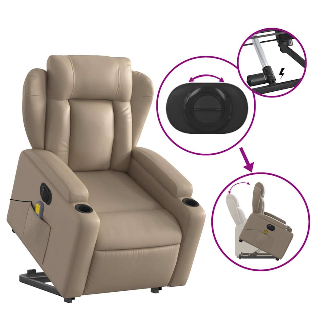Fauteuil de massage avec aide électrique au verticalisation, cappuccino, cuir artificiel