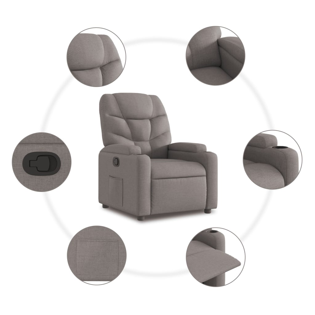 Fauteuil relax avec aide à la verticalisation en tissu taupe