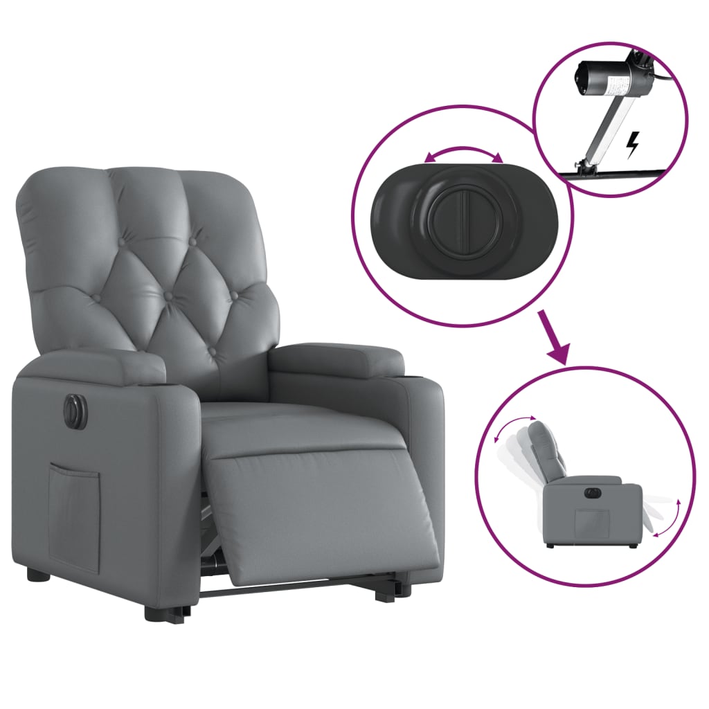 Fauteuil inclinable avec aide électrique au verticalisation, gris, simili cuir