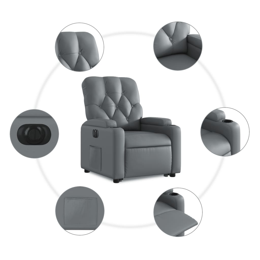 Fauteuil inclinable avec aide électrique au verticalisation, gris, simili cuir