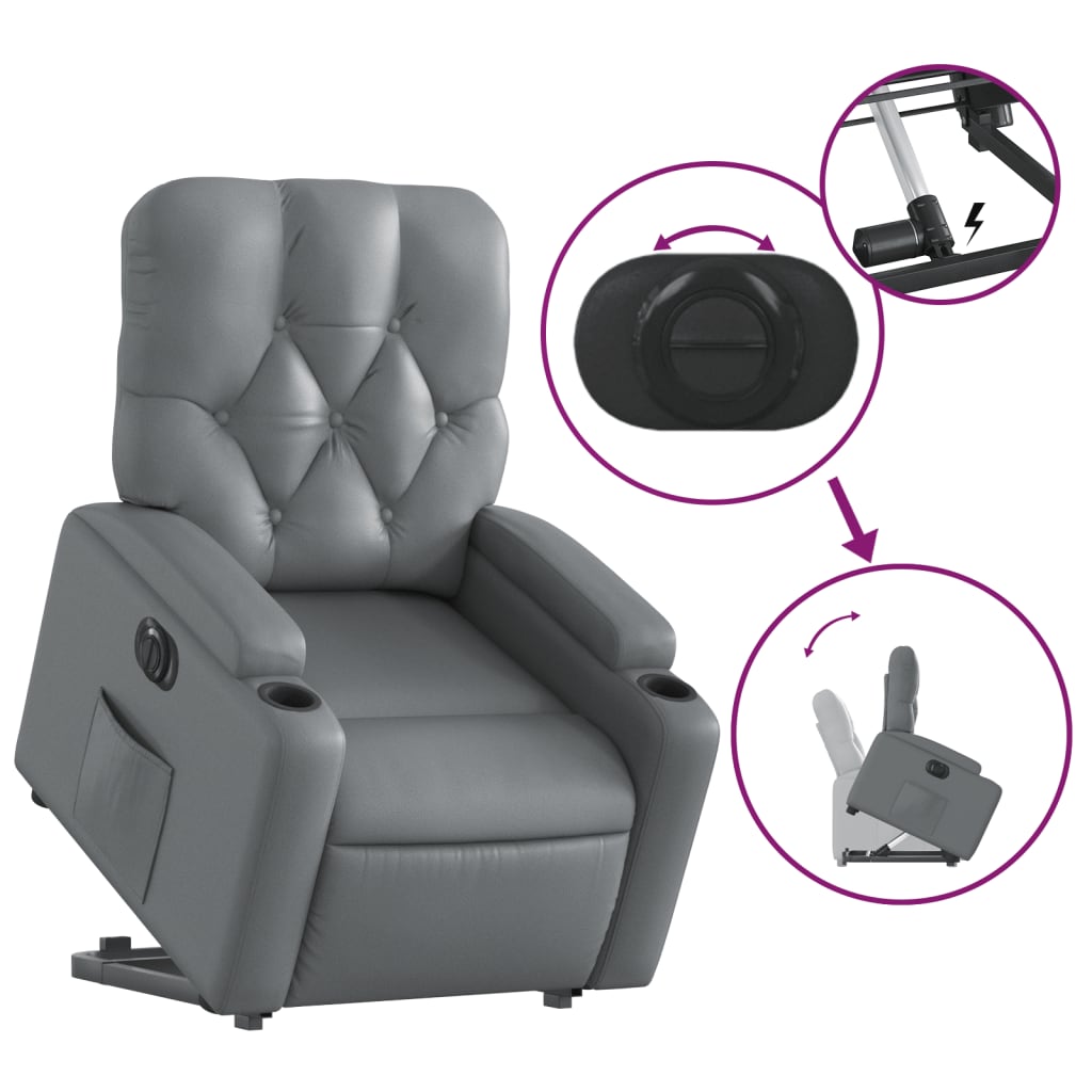 Fauteuil inclinable avec aide électrique au verticalisation, gris, simili cuir