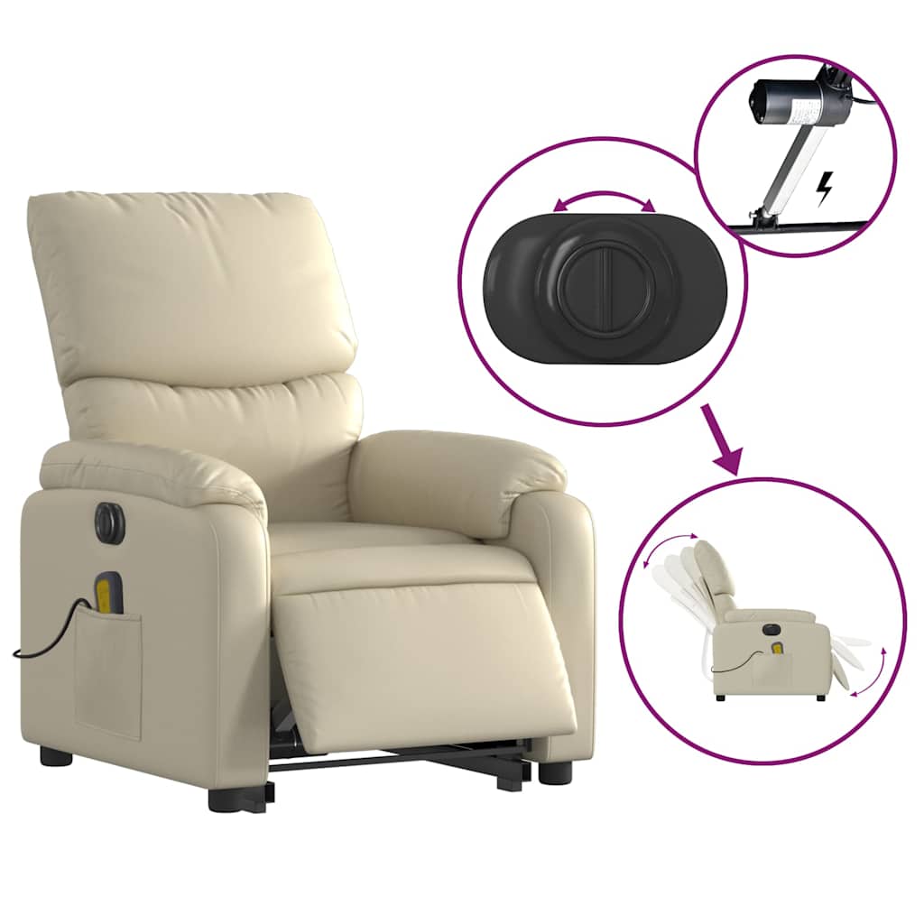 Fauteuil de massage avec aide électrique au verticalisation, couleur crème, cuir artificiel