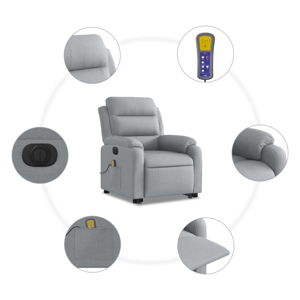 Fauteuil de massage électrique avec aide à la verticalisation en tissu gris clair