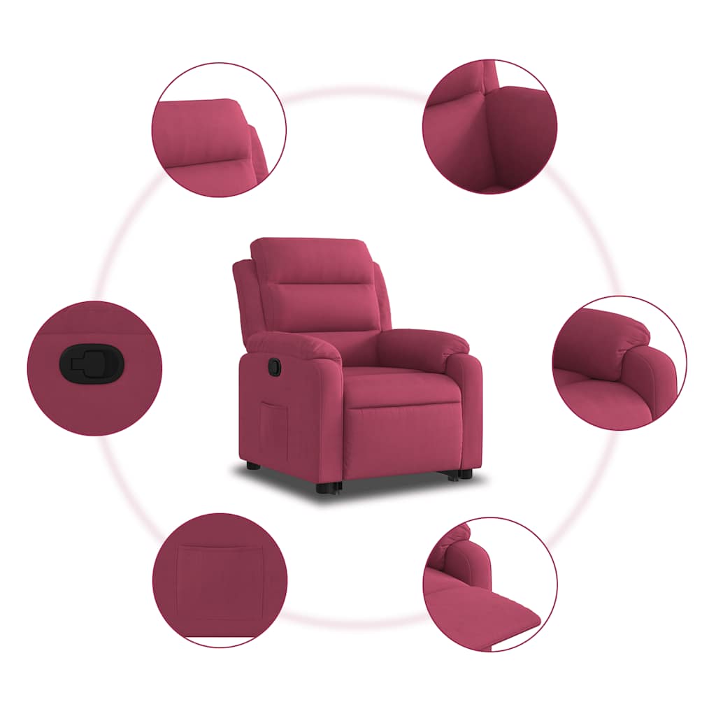 Fauteuil inclinable avec aide à la verticalisation en velours rouge vin