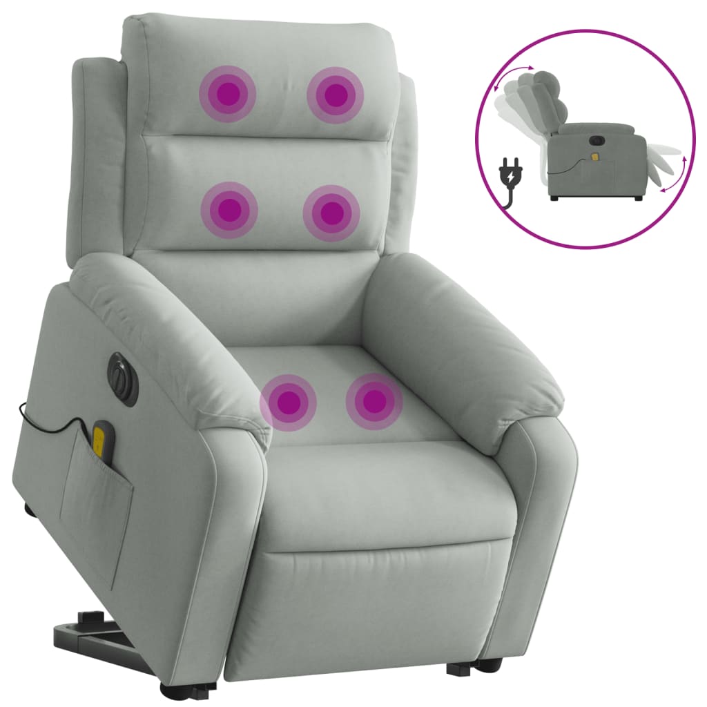 Fauteuil de massage avec aide électrique au verticalisation, velours gris clair