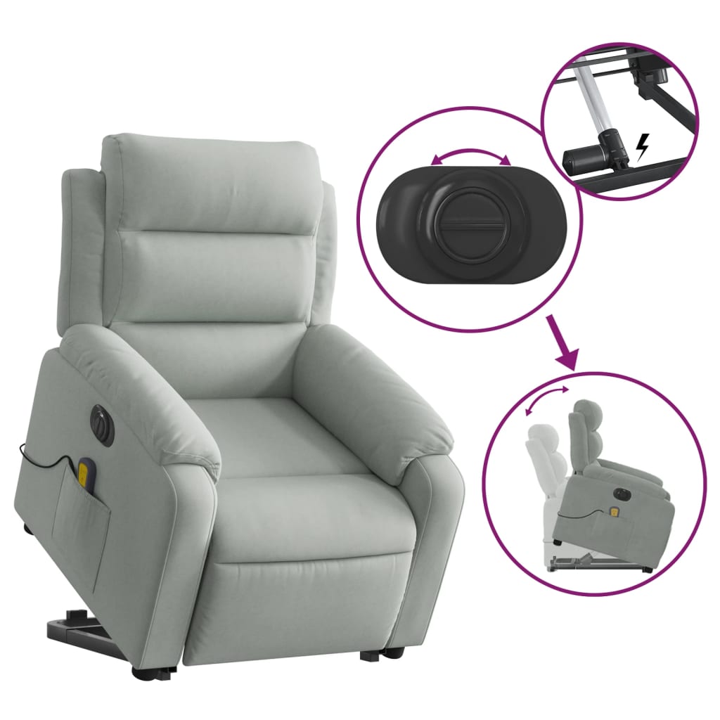 Fauteuil de massage avec aide électrique au verticalisation, velours gris clair
