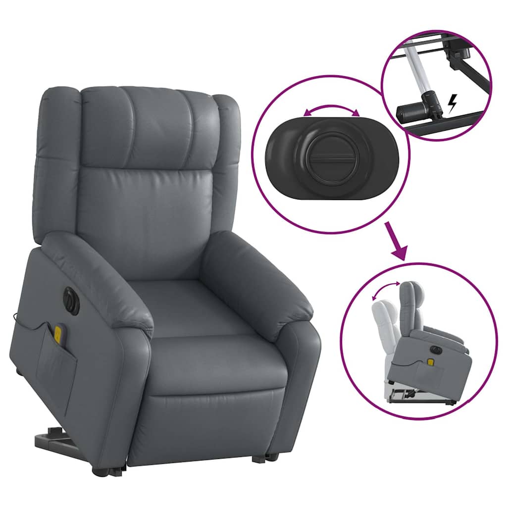 Fauteuil de massage avec aide électrique au verticalisation, gris, cuir synthétique