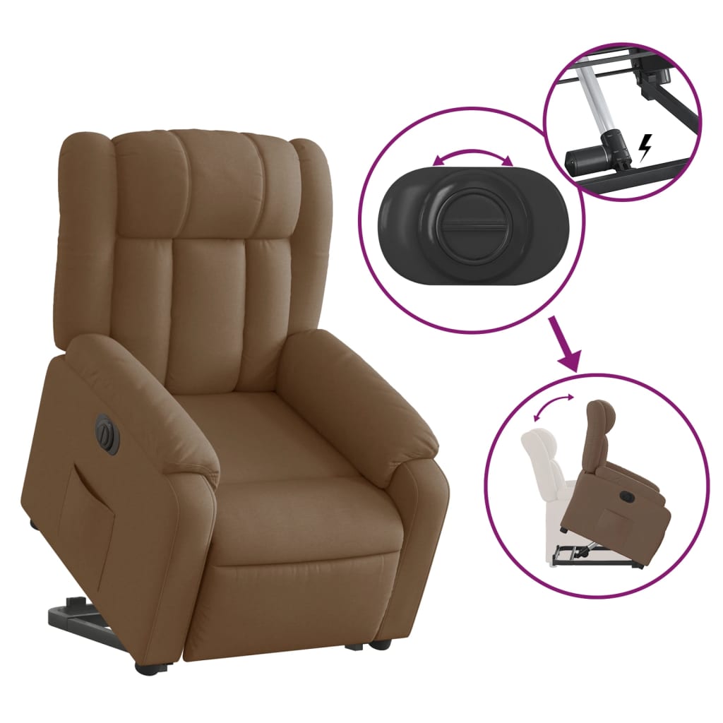 Recliner chair with electric riser, brown fabric