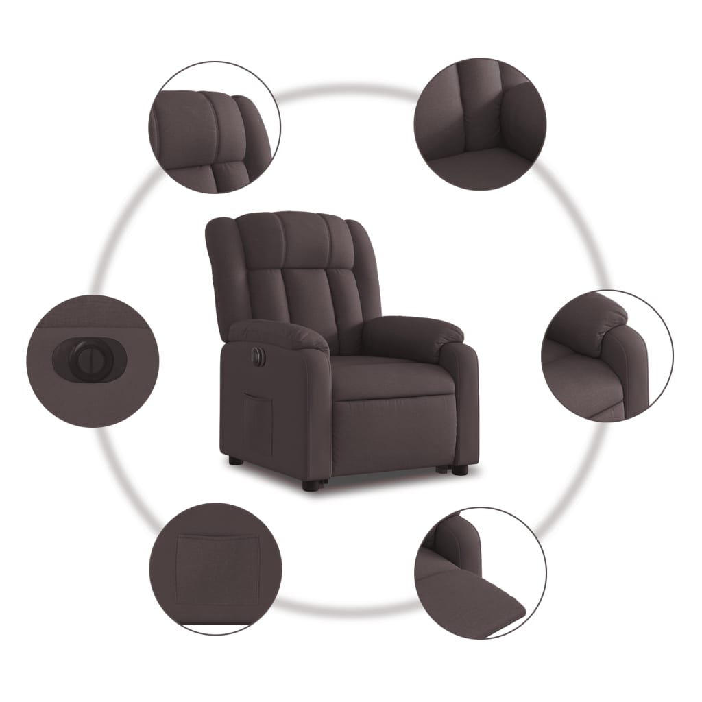 Relaxing chair with electric riser in dark brown fabric